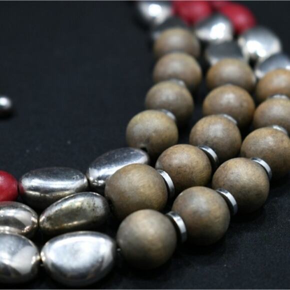 Chico's Wooden Red Brown Silver Beaded Distressed Necklace, 23 Inches - Picture 7 of 11